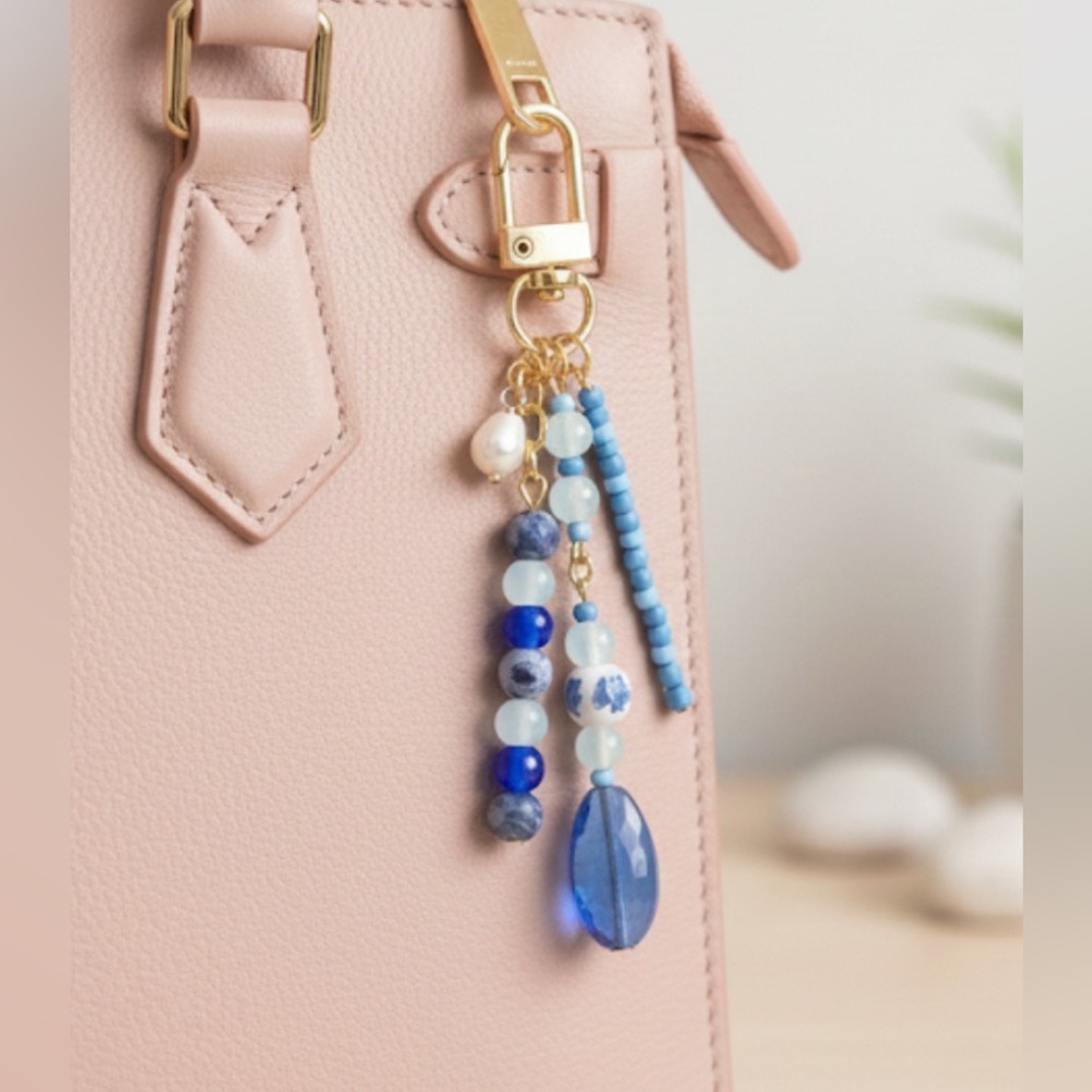 Capri Blue Designer Inspired Beaded Bag Charm Keychain with Real Pearl